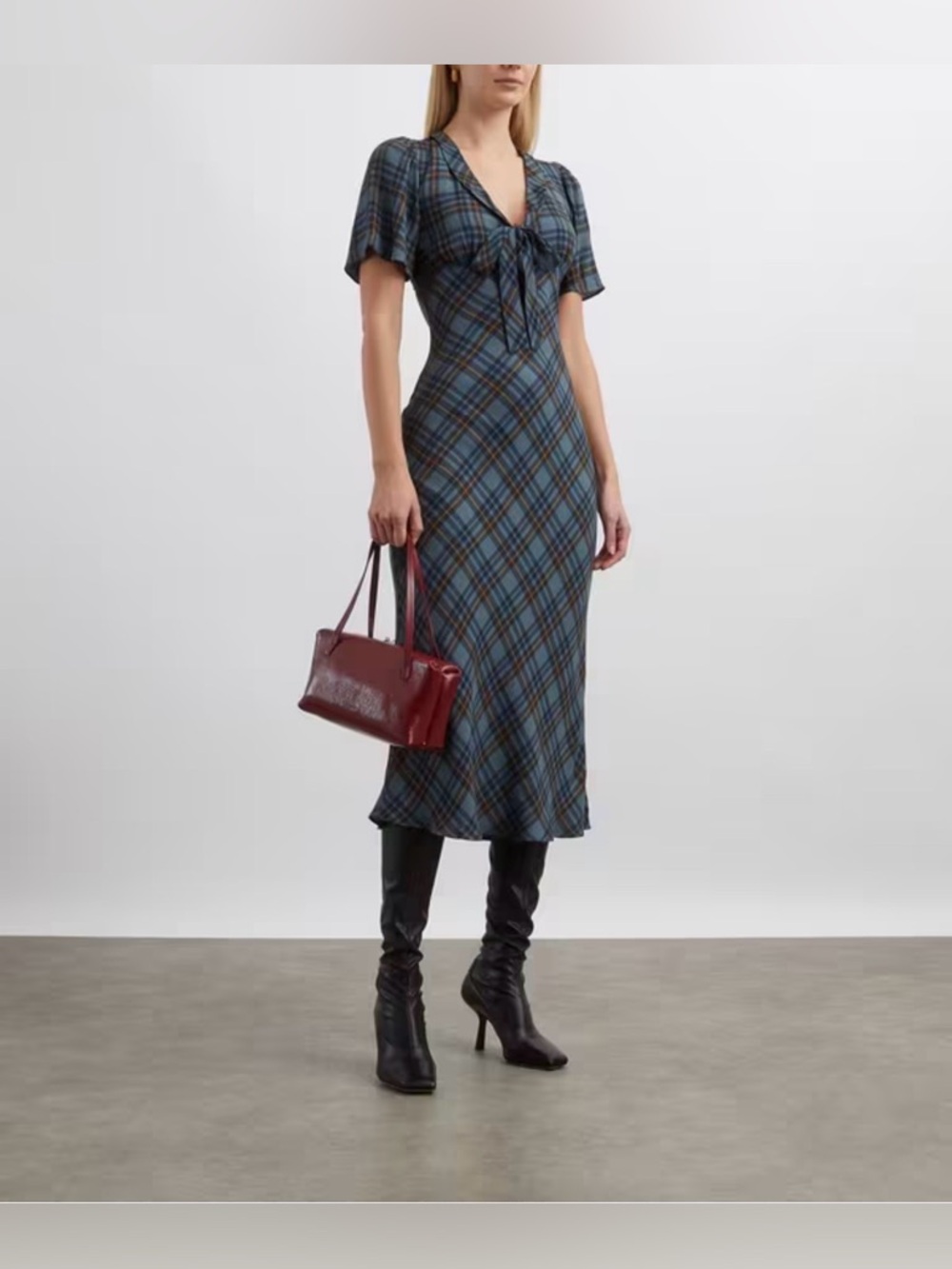 Reformation Slate Plaid V-Neck Short-Sleeve Midi Dress